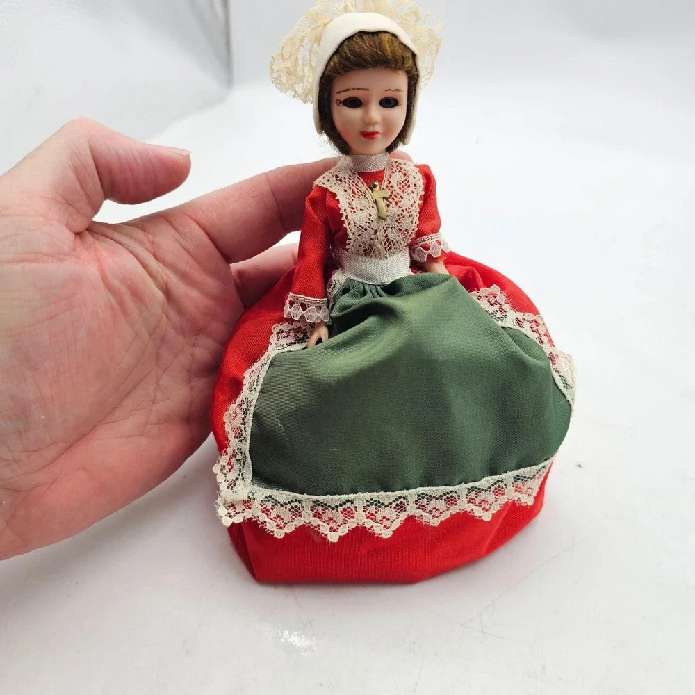 Vintage Folk Costume Girl Doll 9 Inch Sleep Eyes Red Green Dress Lace Bonnet